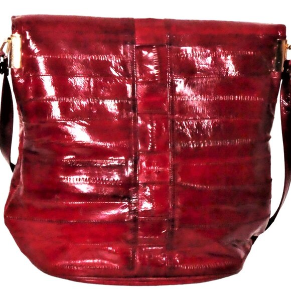Vintage 80's Eel skin Burgundy Shoulder / Crossbody Bag - Picture 2 of 12